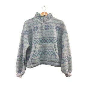 Cozie By Pink Rose Half-Zip Pullover Sweatshirt M Snowflake Pattern Blue/Green
